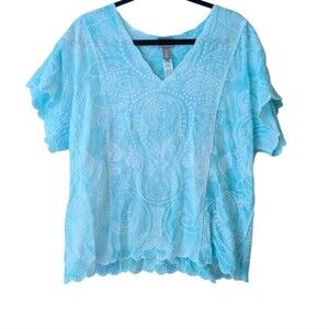 Chico's Blue Scalloped White Embroidered Coastal Top Size 3 (XL)